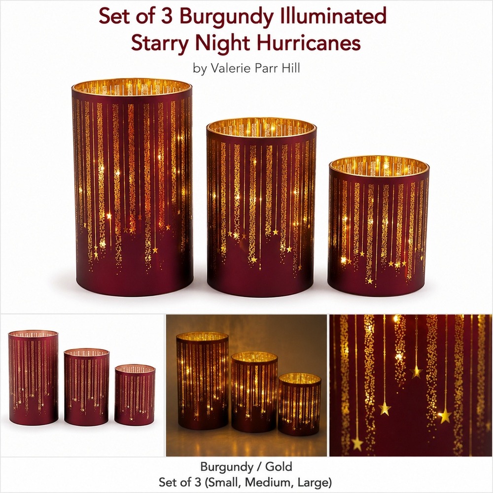 Valerie‎ Parr Hill Set of 3 Burgundy Illuminated Starry Night Hurricanes Glass